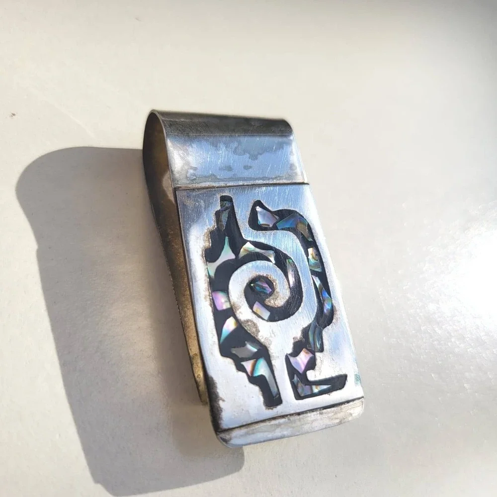Vintage Mexican Silver Abalone Inlay Spiral Geometric Money Clip Accessory
